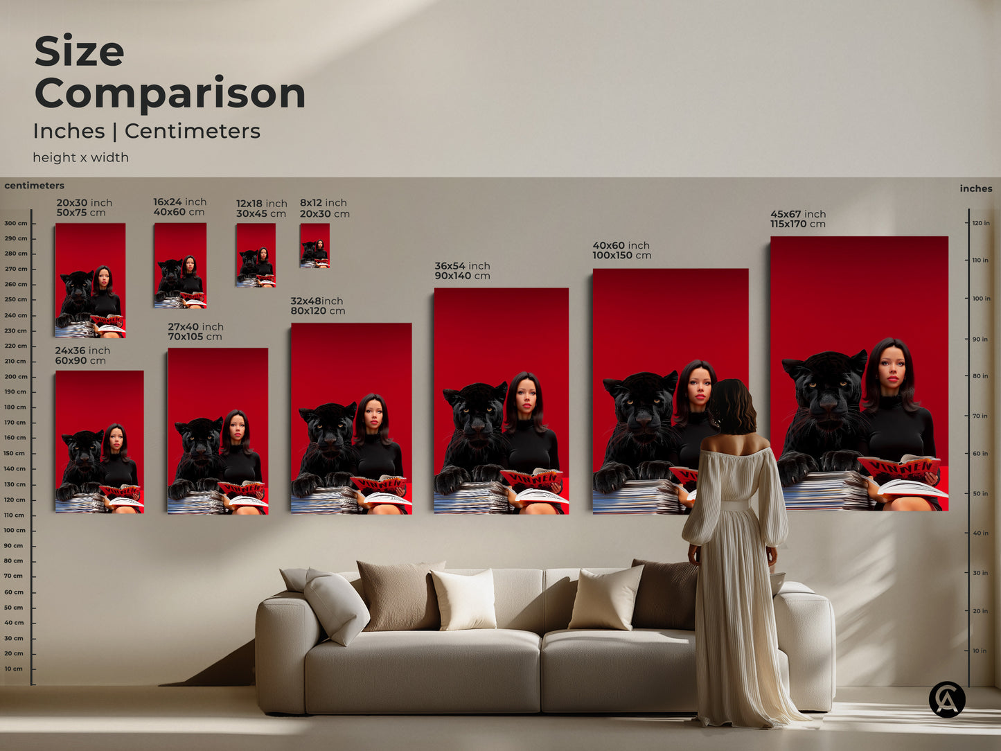 Compare sizes of this surreal artwork featuring a woman reading with a black panther. See how different dimensions fit above a sofa. Envision this crimson pop art canvas in your space.
