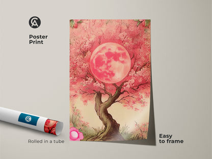 Poster print of a Pink Moon Tree rolled in a tube. Easy to frame fuchsia fantasy nature art. Dreamy botanical wall decor for art lovers. This bohemian floral print adds charm to any space