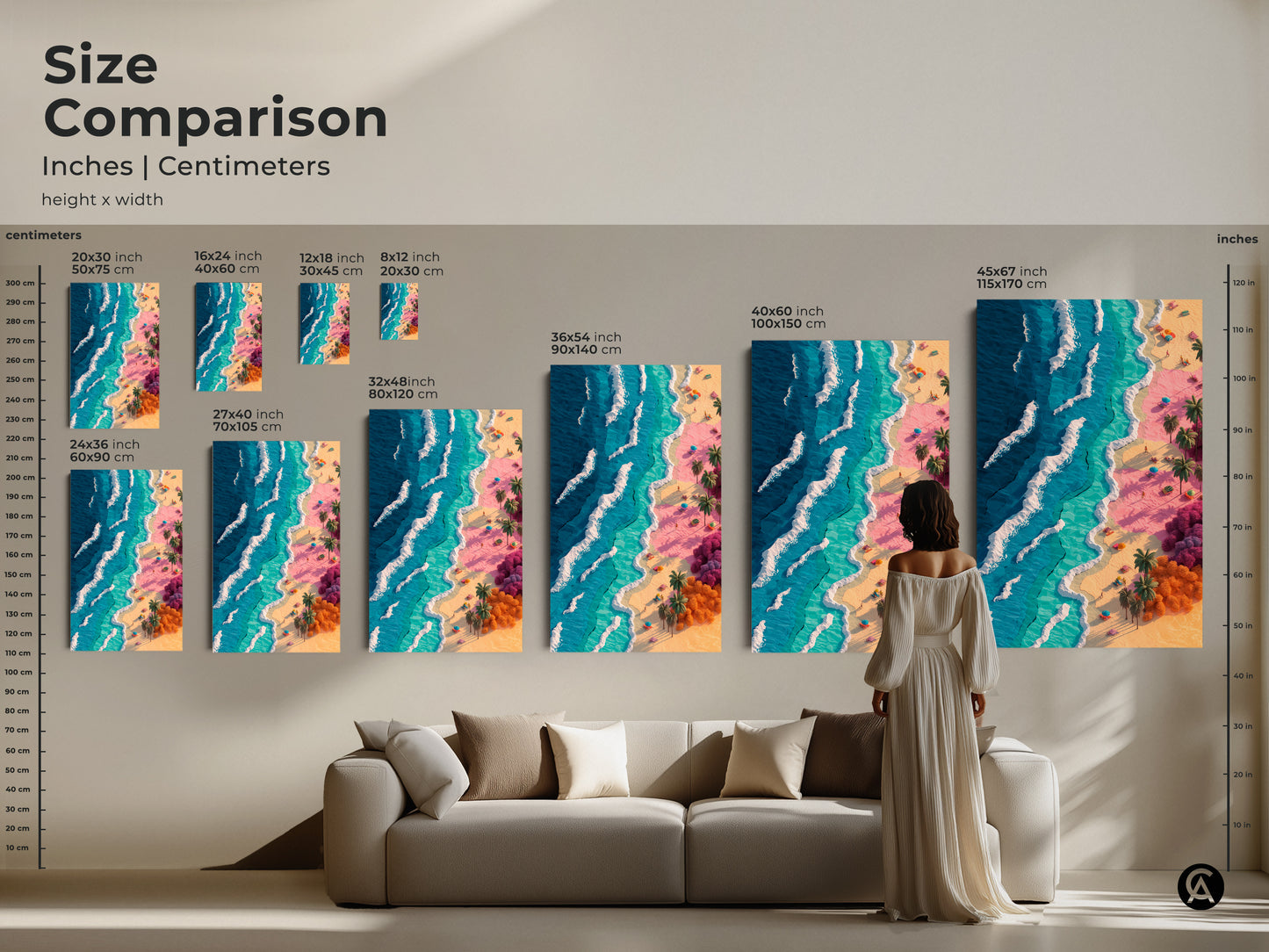 Size comparison of beach artwork. See canvas and poster sizes in inches and centimeters. Visualize the art in different sizes. Choose the ideal piece for your home decor with our size comparison.