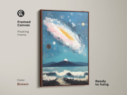 Framed canvas art with a floating frame in antique gold color. Ready to hang. The abstract art has a galaxy mountain theme. The artwork is deep blue teal. It is perfect for home decor and gifting.