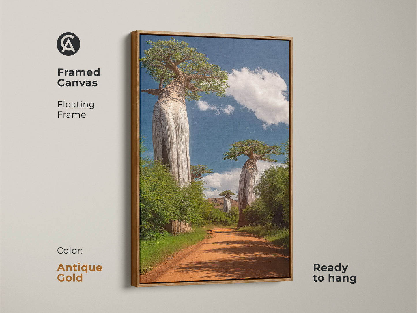 Framed Canvas of African Baobab Tree art in antique gold floating frame. This boho wall decor shows a dirt road and green trees. This African landscape print is a travel themed gift. Realistic nature artwork is ready to hang.