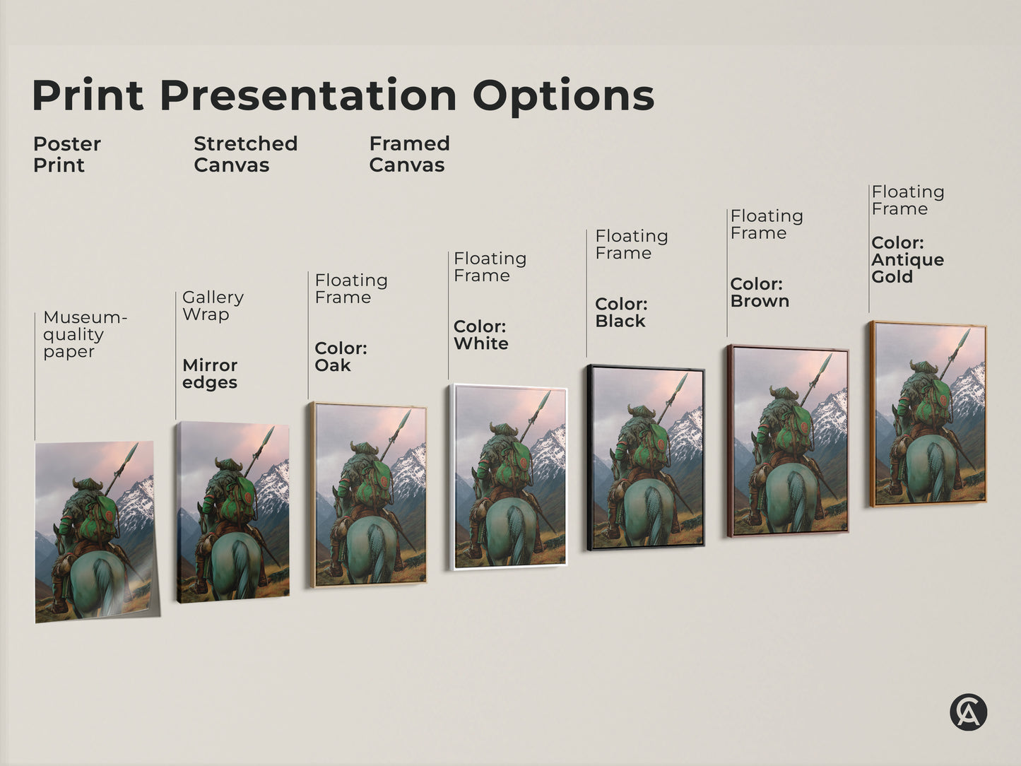 Discover various presentation options for this dark fantasy warrior art print. Choose from poster prints stretched canvas and framed canvas. Each option enhances the medieval horse rider artwork. Select the perfect style to complement your adventure themed decor. Museum-quality paper ensures lasting beauty.