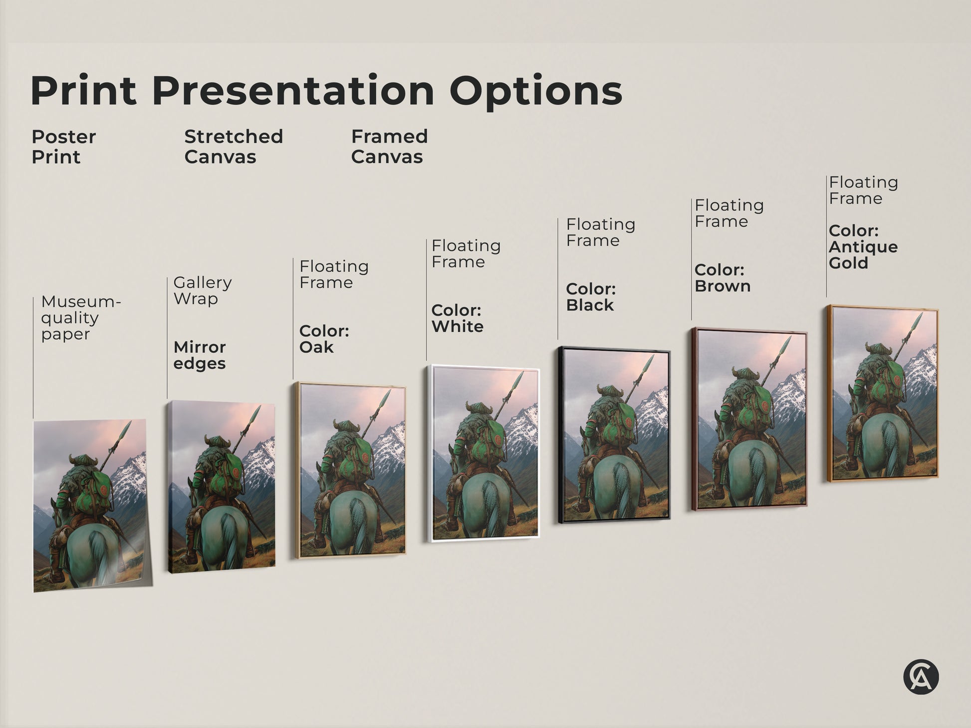 Discover various presentation options for this dark fantasy warrior art print. Choose from poster prints stretched canvas and framed canvas. Each option enhances the medieval horse rider artwork. Select the perfect style to complement your adventure themed decor. Museum-quality paper ensures lasting beauty.