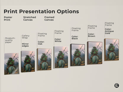 Discover various presentation options for this dark fantasy warrior art print. Choose from poster prints stretched canvas and framed canvas. Each option enhances the medieval horse rider artwork. Select the perfect style to complement your adventure themed decor. Museum-quality paper ensures lasting beauty.