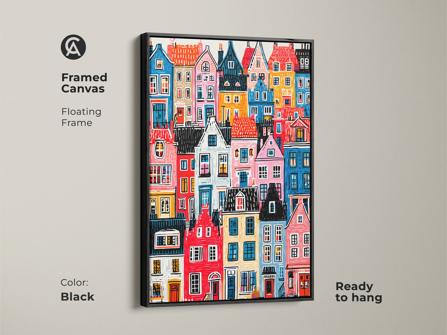 Framed canvas showing colorful houses art. It has a black floating frame. The artwork is ready to hang. This vibrant cityscape print is a stylish addition to any wall. Perfect wall decor.