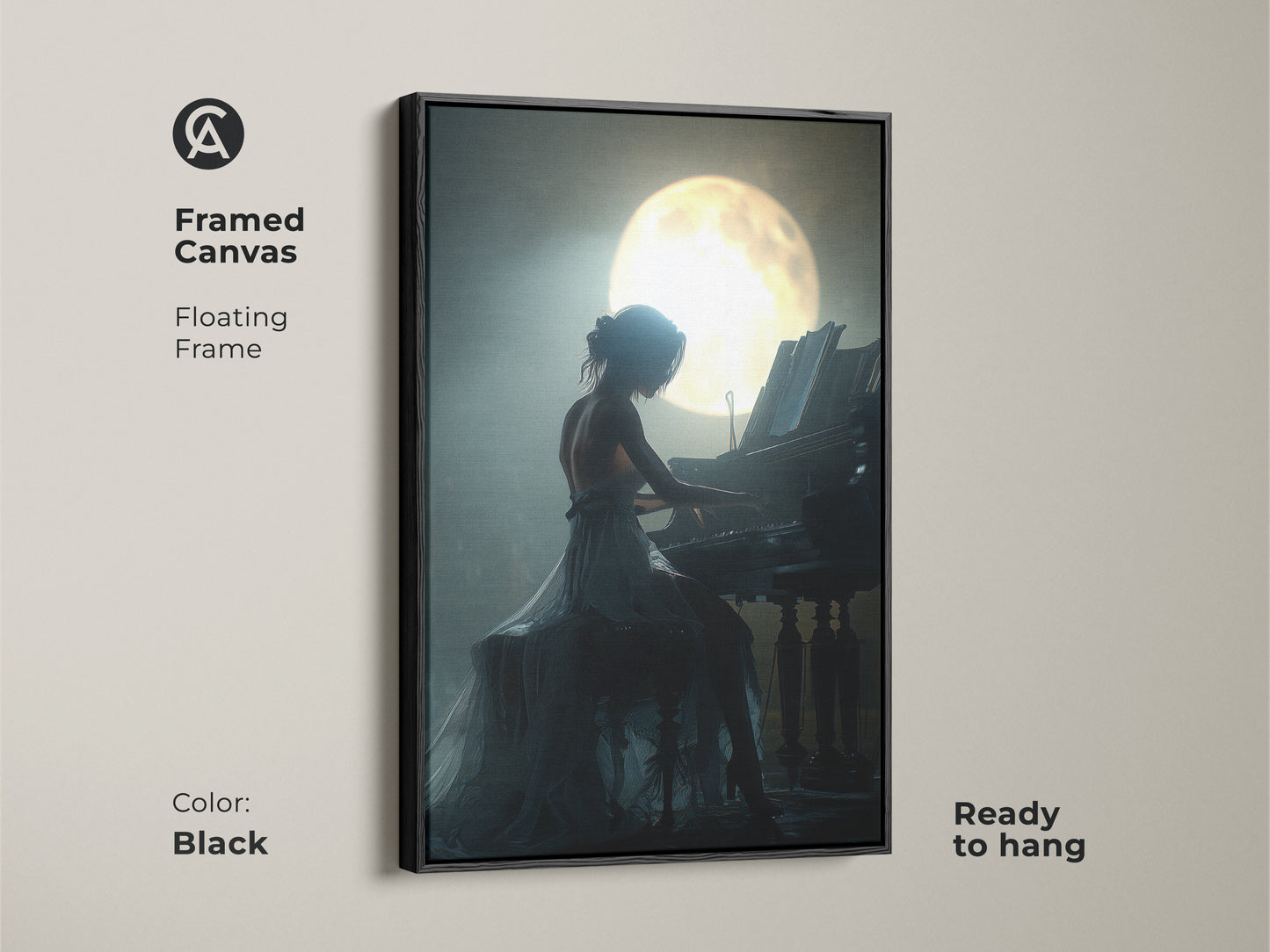 Framed canvas of a woman playing piano under moonlight. The black floating frame is ready to hang. The romantic music artwork uses deep blue teal colors. This deep blue teal canvas is a great gift for music lovers. It's also a great anniversary gift wall art.