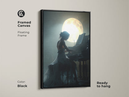 Framed canvas of a woman playing piano under moonlight. The black floating frame is ready to hang. The romantic music artwork uses deep blue teal colors. This deep blue teal canvas is a great gift for music lovers. It's also a great anniversary gift wall art.