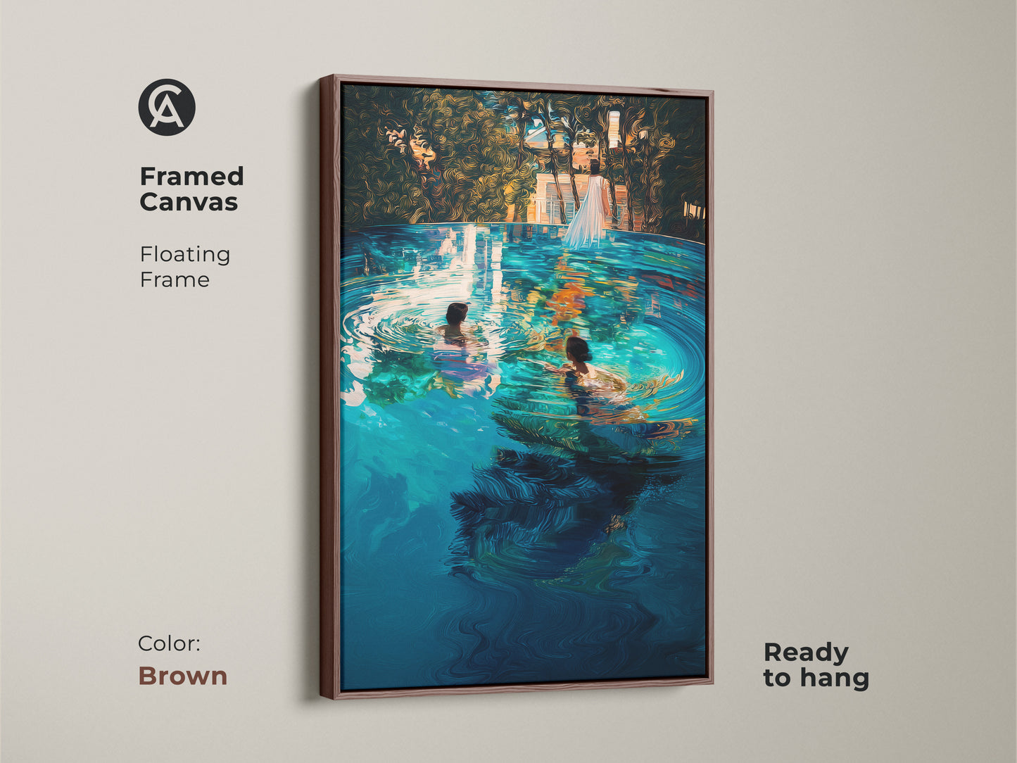 Brown framed canvas featuring turquoise infinity pool artwork. It captures a couple in blue green hues. This floating frame enhances any room. This ready to hang piece provides sophisticated wall decor.