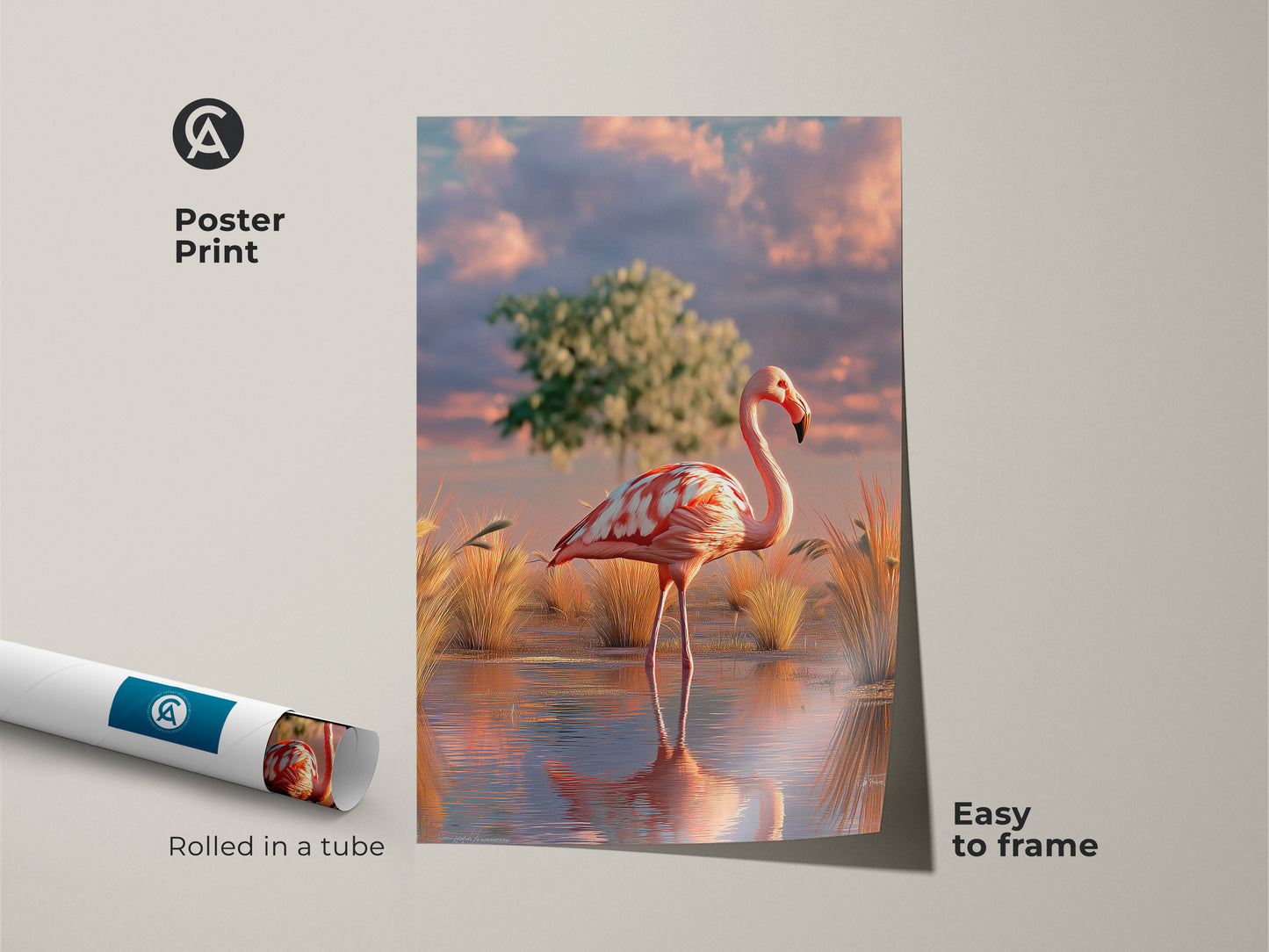 Poster print featuring a photorealistic flamingo in a serene savanna landscape. Easy to frame and perfect for adding a touch of nature. Showcasing boho artwork with pink teal and orange tones. This bird lover gift is ideal for nature-inspired decor.