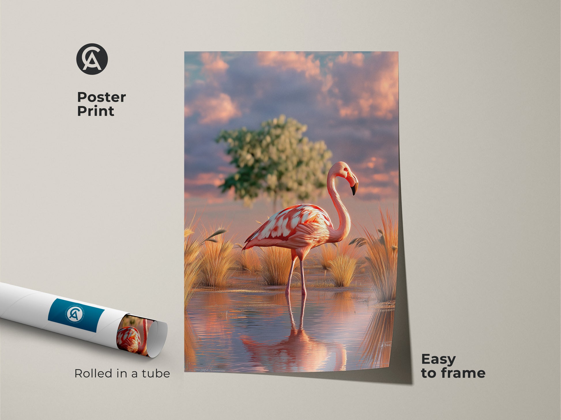 Poster print featuring a photorealistic flamingo in a serene savanna landscape. Easy to frame and perfect for adding a touch of nature. Showcasing boho artwork with pink teal and orange tones. This bird lover gift is ideal for nature-inspired decor.