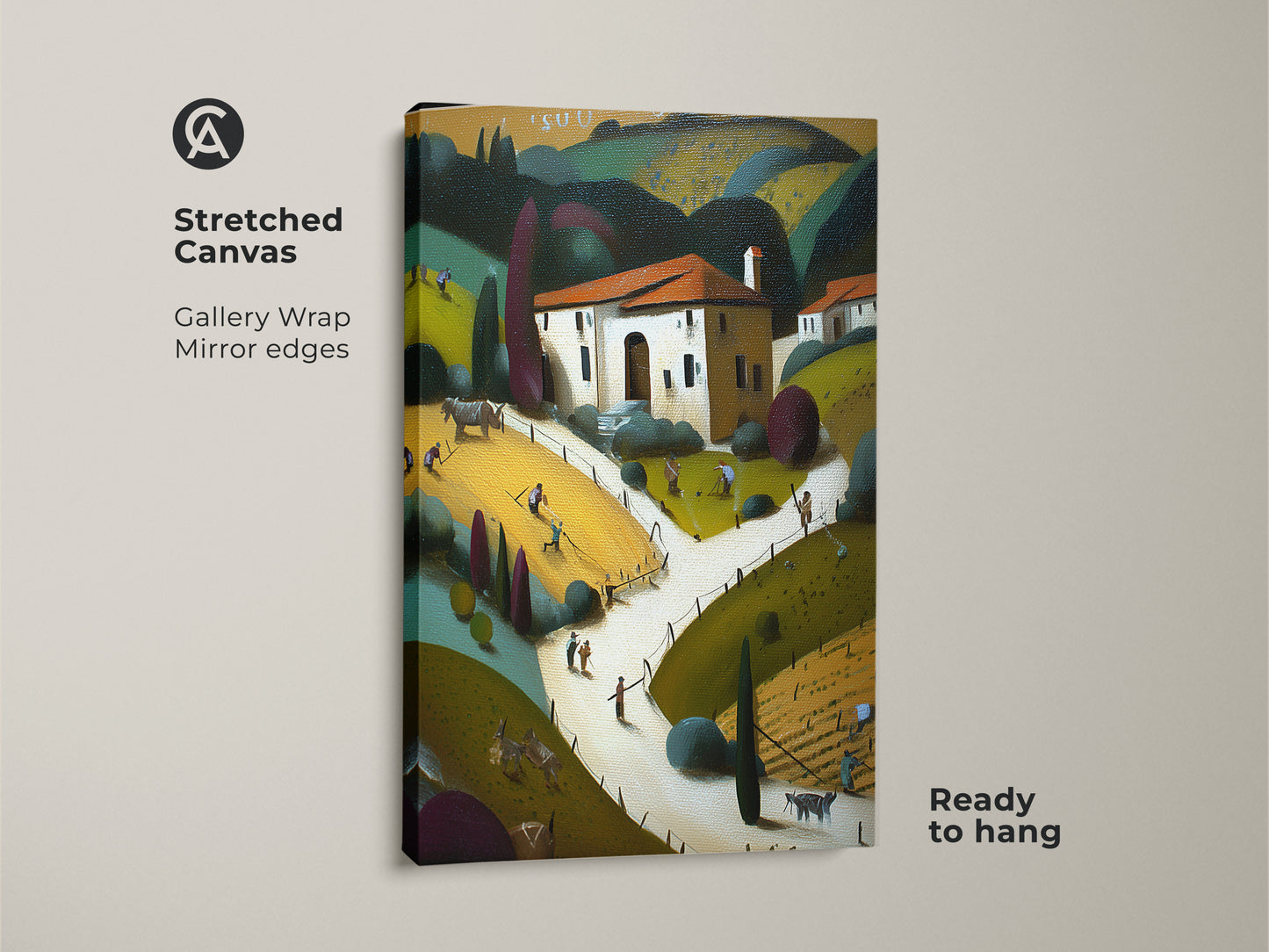 Stretched canvas gallery wrap of a folk art farmhouse landscape. The mirror edges enhance the yellow orange green rural life artwork. This stylized countryside scene is ready to hang. A perfect pastoral landscape canvas for farmhouse kitchen decor. It adds a touch of country home decor to any space.