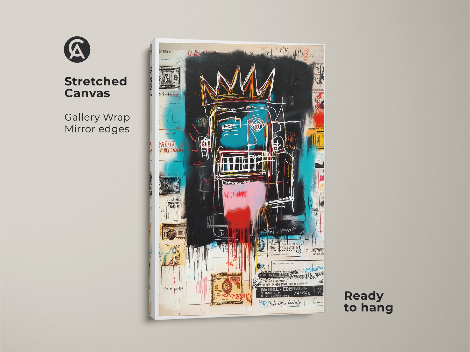 This is a stretched canvas print of a Basquiat-inspired artwork. The gallery wrap has mirror edges. The artwork features a crowned figure with graffiti elements. It is ready to hang and enjoy in your home or office