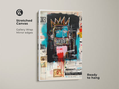 This is a stretched canvas print of a Basquiat-inspired artwork. The gallery wrap has mirror edges. The artwork features a crowned figure with graffiti elements. It is ready to hang and enjoy in your home or office
