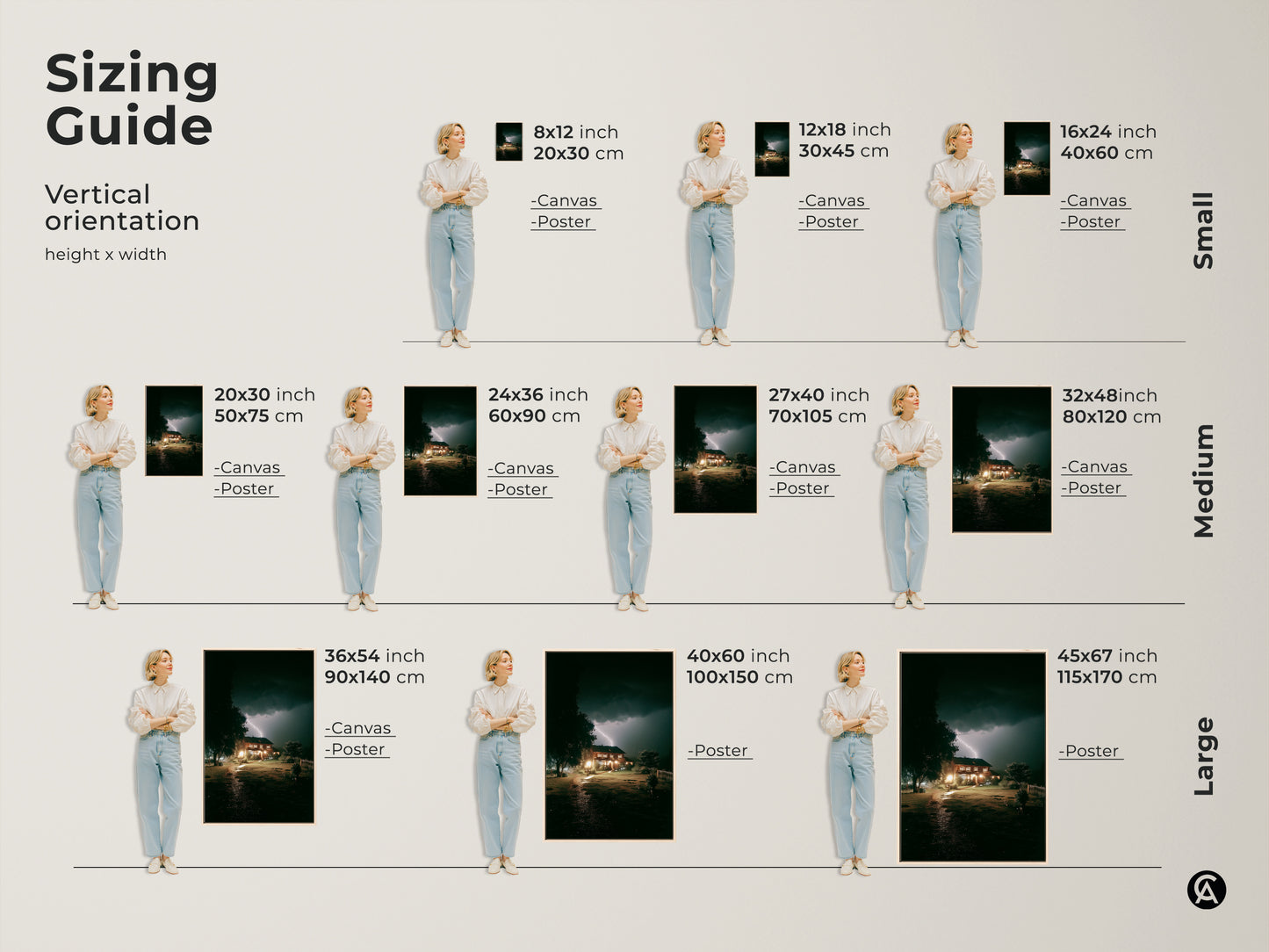 Sizing guide for dramatic lightning house artwork. Visualize canvas and poster sizes from small to large. This atmospheric nature artwork fits perfectly in any space. See how each size transforms your modern home decor with its unique landscape print.