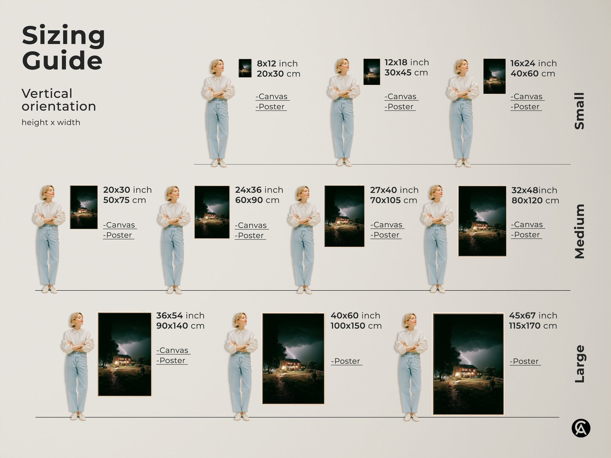 Sizing guide for dramatic lightning house artwork. Visualize canvas and poster sizes from small to large. This atmospheric nature artwork fits perfectly in any space. See how each size transforms your modern home decor with its unique landscape print.