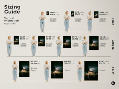 Sizing guide for dramatic lightning house artwork. Visualize canvas and poster sizes from small to large. This atmospheric nature artwork fits perfectly in any space. See how each size transforms your modern home decor with its unique landscape print.