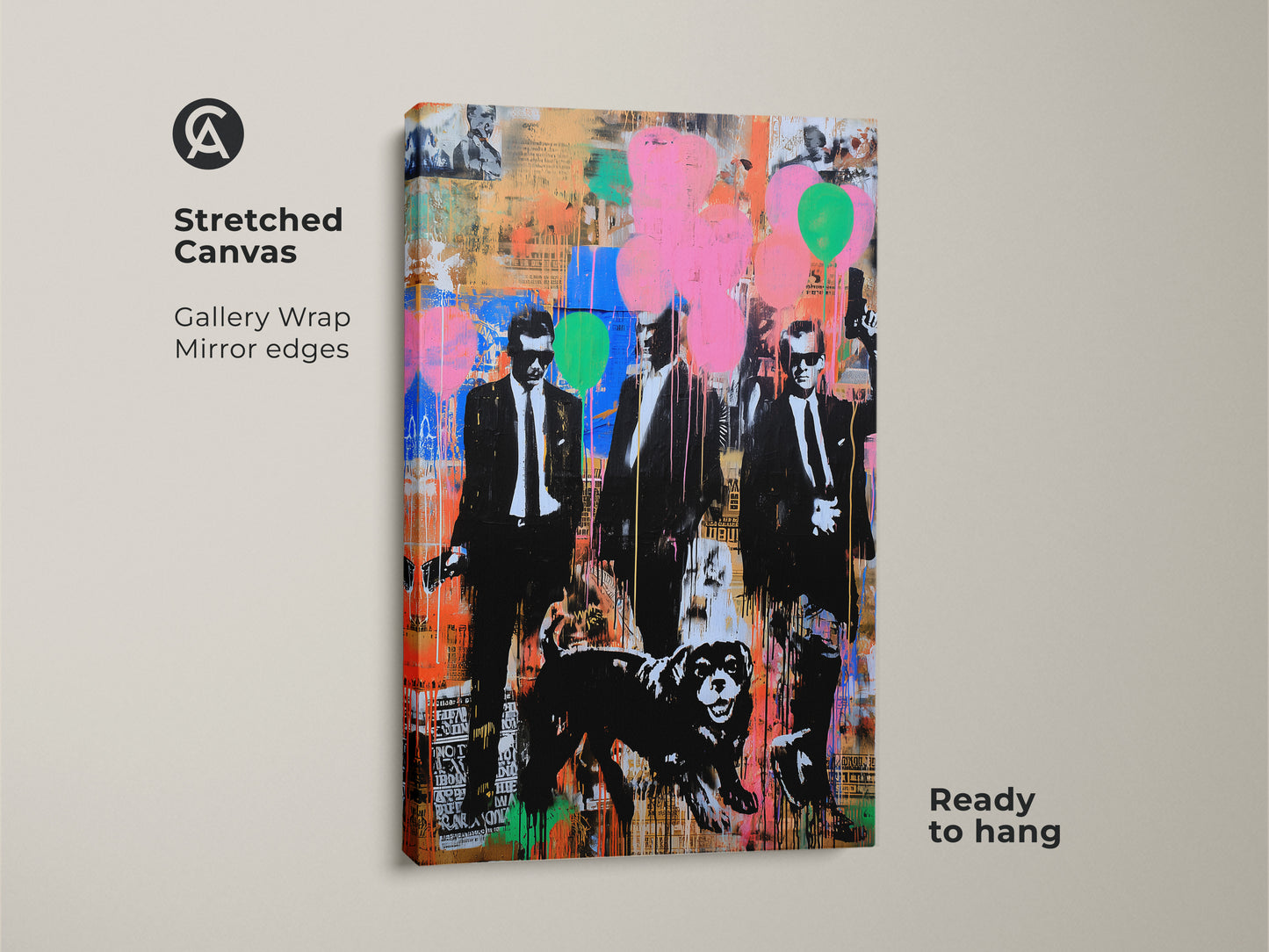 Stretched Canvas of Graffiti Men Suits Dog Art. This Urban Pop Art canvas print showcases a dynamic street art style. Perfect wall decor for an eclectic office or man cave. The gallery wrap and mirror edges add a premium touch. Ready to hang and enjoy.