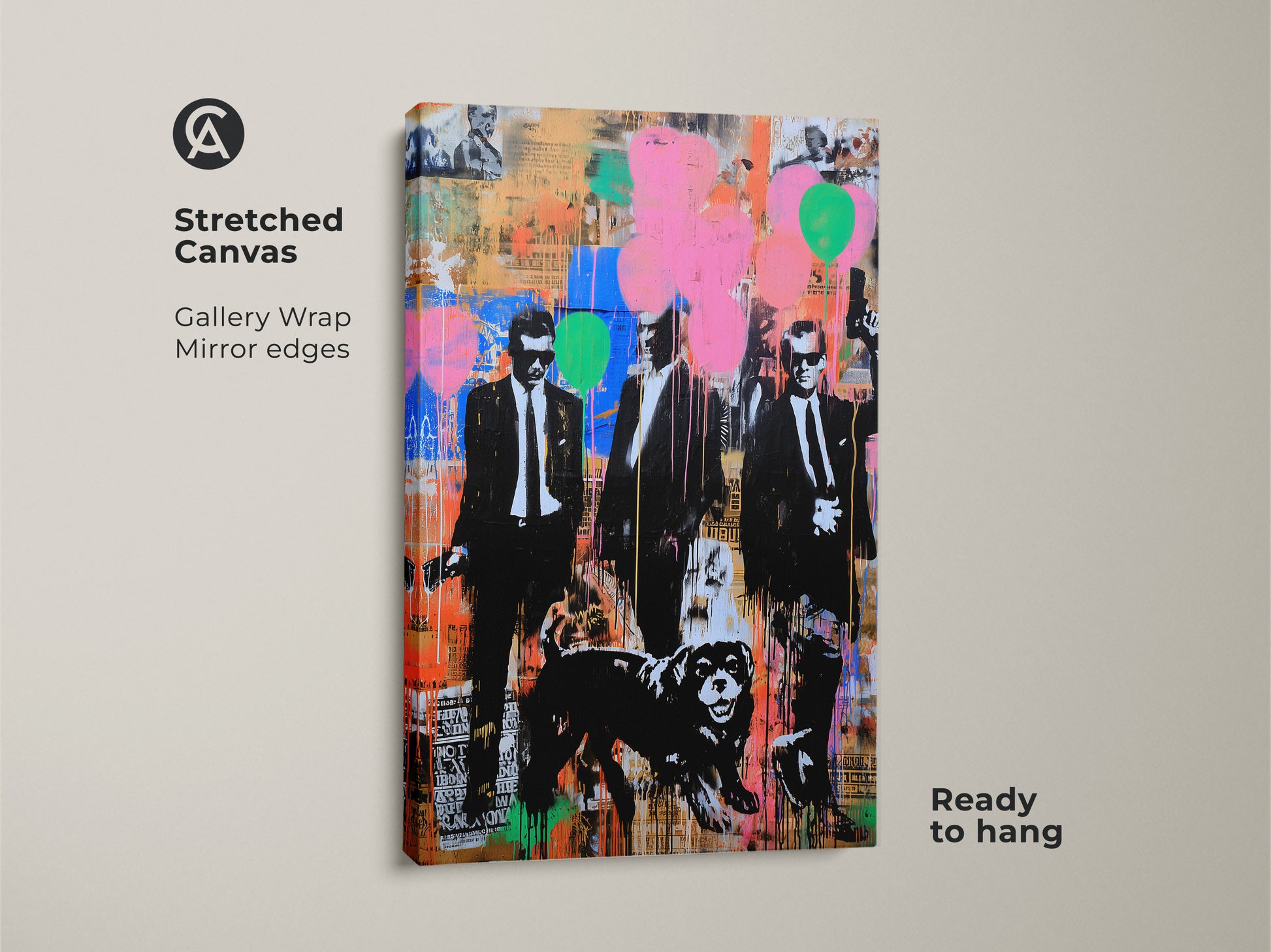 Stretched Canvas of Graffiti Men Suits Dog Art. This Urban Pop Art canvas print showcases a dynamic street art style. Perfect wall decor for an eclectic office or man cave. The gallery wrap and mirror edges add a premium touch. Ready to hang and enjoy.
