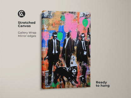 Stretched Canvas of Graffiti Men Suits Dog Art. This Urban Pop Art canvas print showcases a dynamic street art style. Perfect wall decor for an eclectic office or man cave. The gallery wrap and mirror edges add a premium touch. Ready to hang and enjoy.