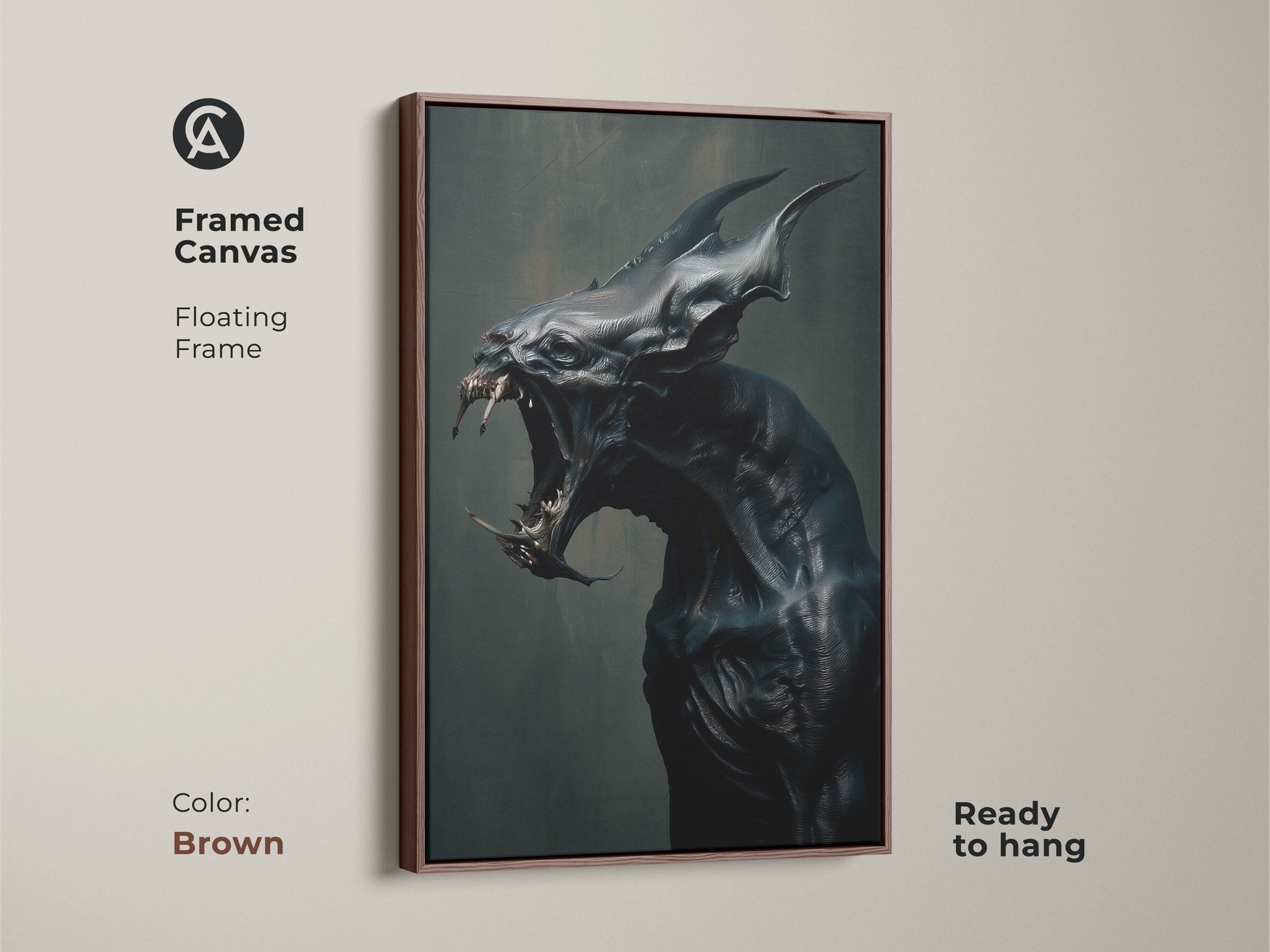 Brown framed canvas of monster artwork. Floating frame. Ready to hang. This framed art is perfect for a gallery wall. A unique piece of horror art for your home or office.