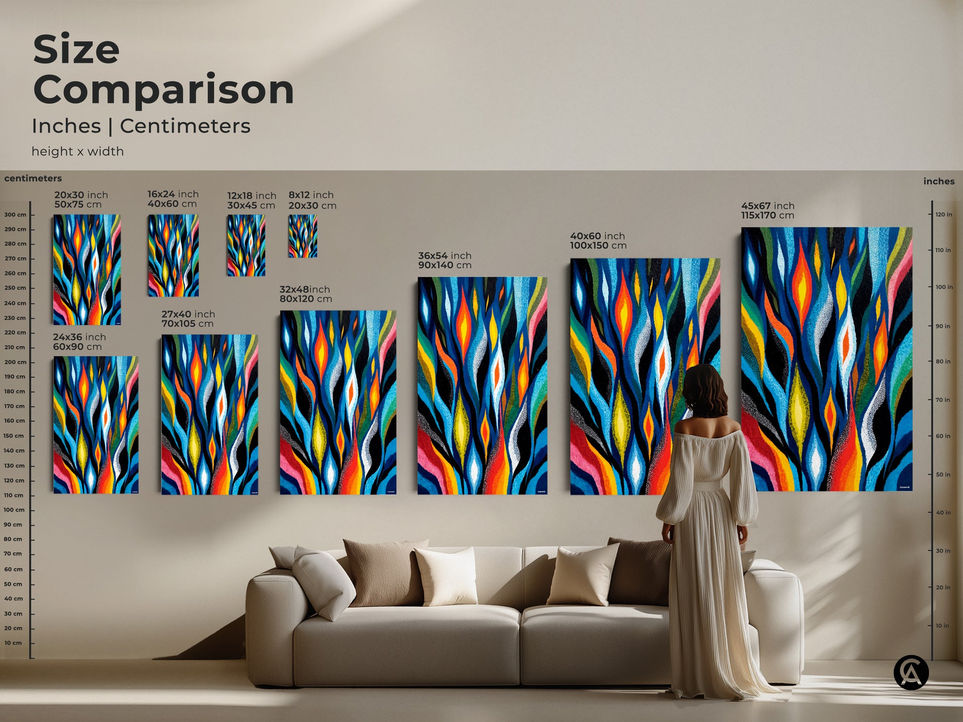A size comparison displays the abstract flame leaf artwork in different dimensions. The sizes range from small to large for the modern geometric art. Perfect as eclectic hallway decor or living room statement piece.