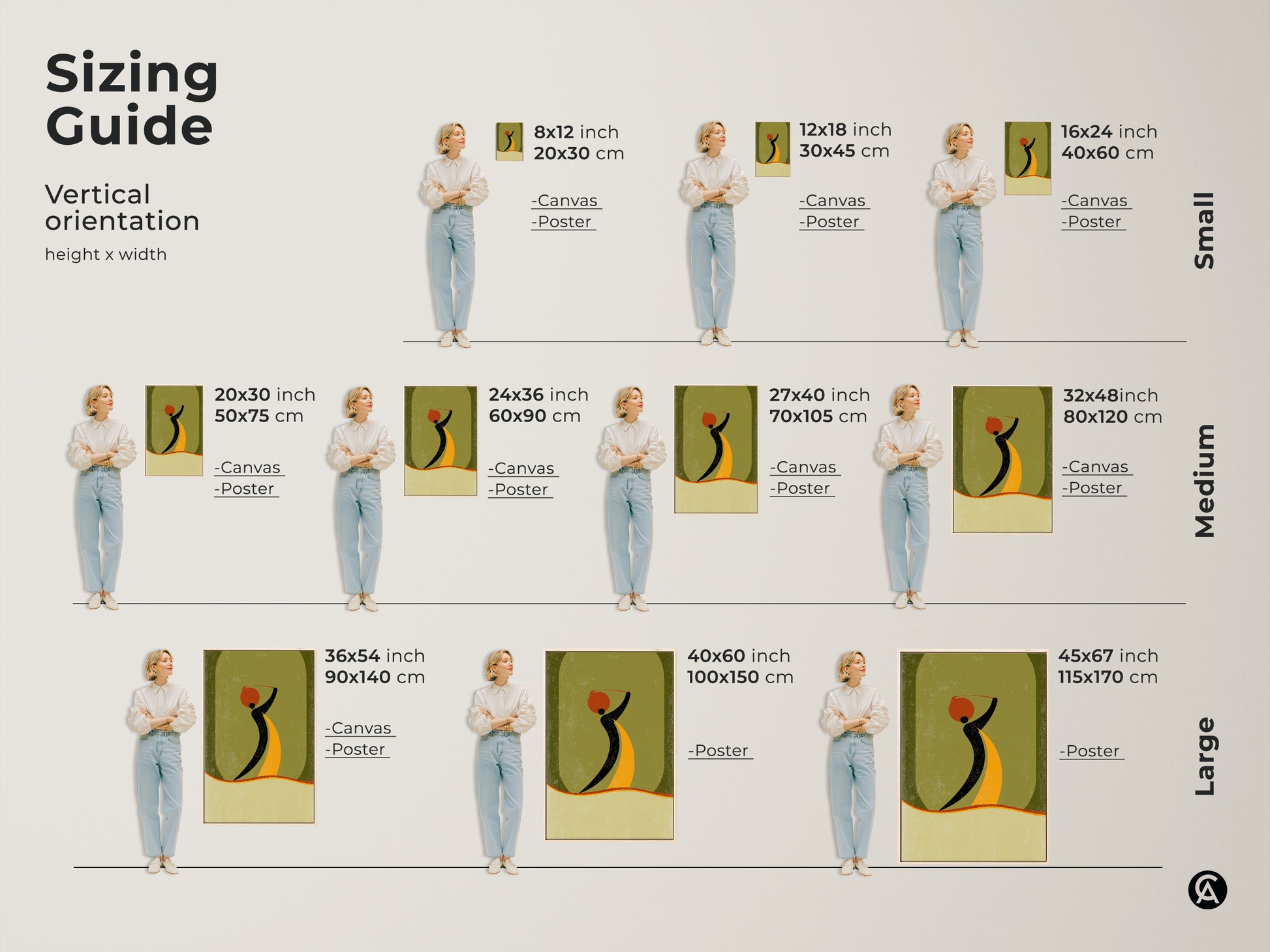 Sizing guide showcasing vertical orientations for abstract woman art prints. Find the perfect fit in canvas or poster formats. Sizes range from small to large for this boho mid-century modern decor.