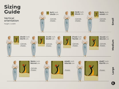 Sizing guide showcasing vertical orientations for abstract woman art prints. Find the perfect fit in canvas or poster formats. Sizes range from small to large for this boho mid-century modern decor.
