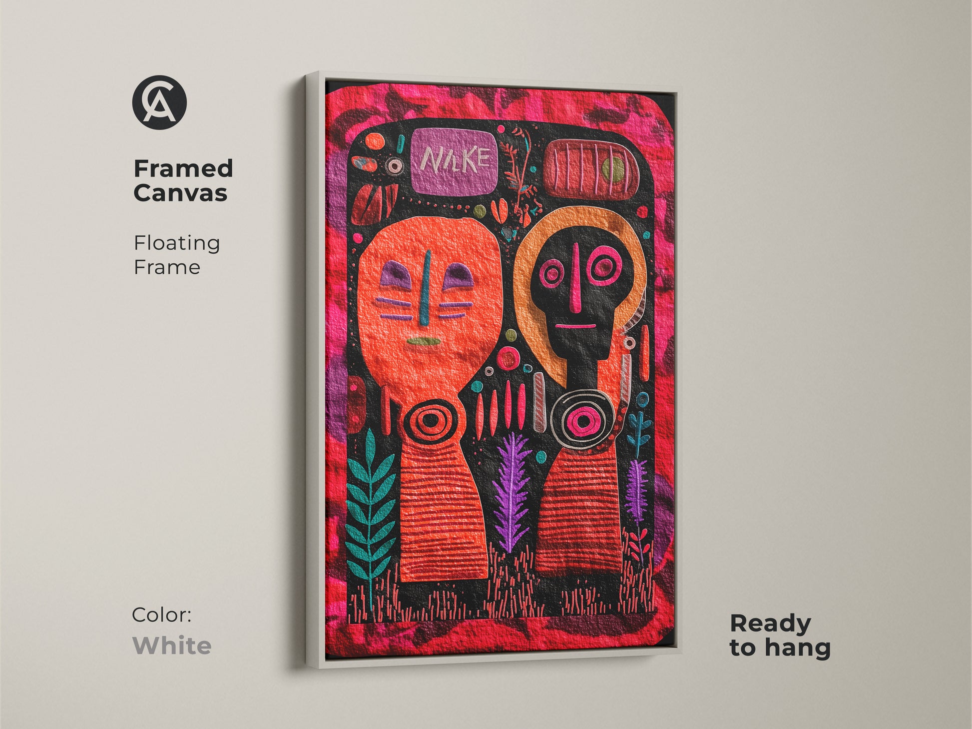 Framed Canvas Print featuring abstract faces in a folk art style. Floating frame in white ready to hang. Dominated by a bold palette of orange red and magenta. This piece adds a distinctively eclectic touch to any space. Perfect for art enthusiasts as unique wall decor.