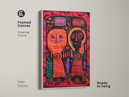 Framed Canvas Print featuring abstract faces in a folk art style. Floating frame in white ready to hang. Dominated by a bold palette of orange red and magenta. This piece adds a distinctively eclectic touch to any space. Perfect for art enthusiasts as unique wall decor.