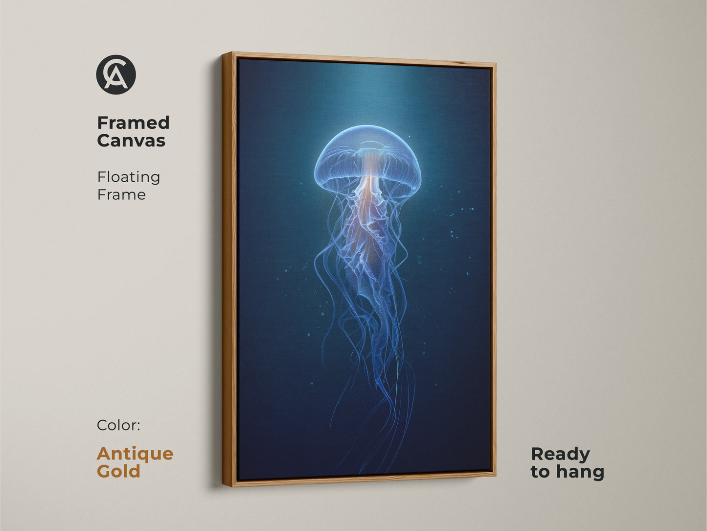 Framed Canvas showcasing abstract jellyfish art with a floating antique gold frame. The deep blue and cyan tones create a captivating marine life display. The contemporary artwork adds a touch of elegance. Ready to hang for easy home decoration.