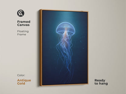 Framed Canvas showcasing abstract jellyfish art with a floating antique gold frame. The deep blue and cyan tones create a captivating marine life display. The contemporary artwork adds a touch of elegance. Ready to hang for easy home decoration.