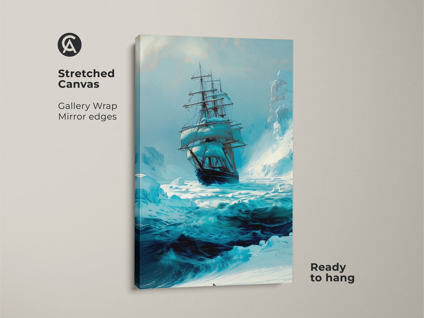 A stretched canvas gallery wrap of a tall ship canvas artwork navigating icy waters. The nautical wall art features a blue color palette with crisp mirror edges. The maritime adventure decor comes ready to hang making it a perfect housewarming present.