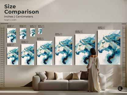 Size comparison showcasing various dimensions of the abstract horse art. A woman stands next to the 45x67 inch canvas print. This blue and gold equine artwork offers a striking focal point for any room.