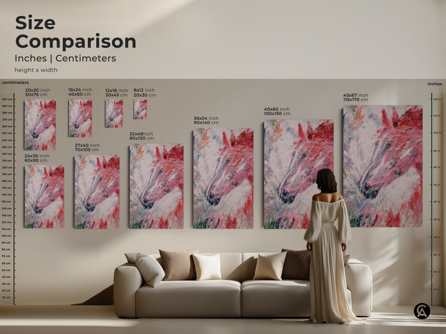 Size comparison of abstract horse head art prints in various sizes. The canvas and poster prints range from small to extra-large. A woman is viewing the artwork above a sofa. The prints feature pink red and white brush strokes. It's a modern animal painting for home decor.
