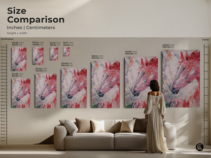Size comparison of abstract horse head art prints in various sizes. The canvas and poster prints range from small to extra-large. A woman is viewing the artwork above a sofa. The prints feature pink red and white brush strokes. It's a modern animal painting for home decor.