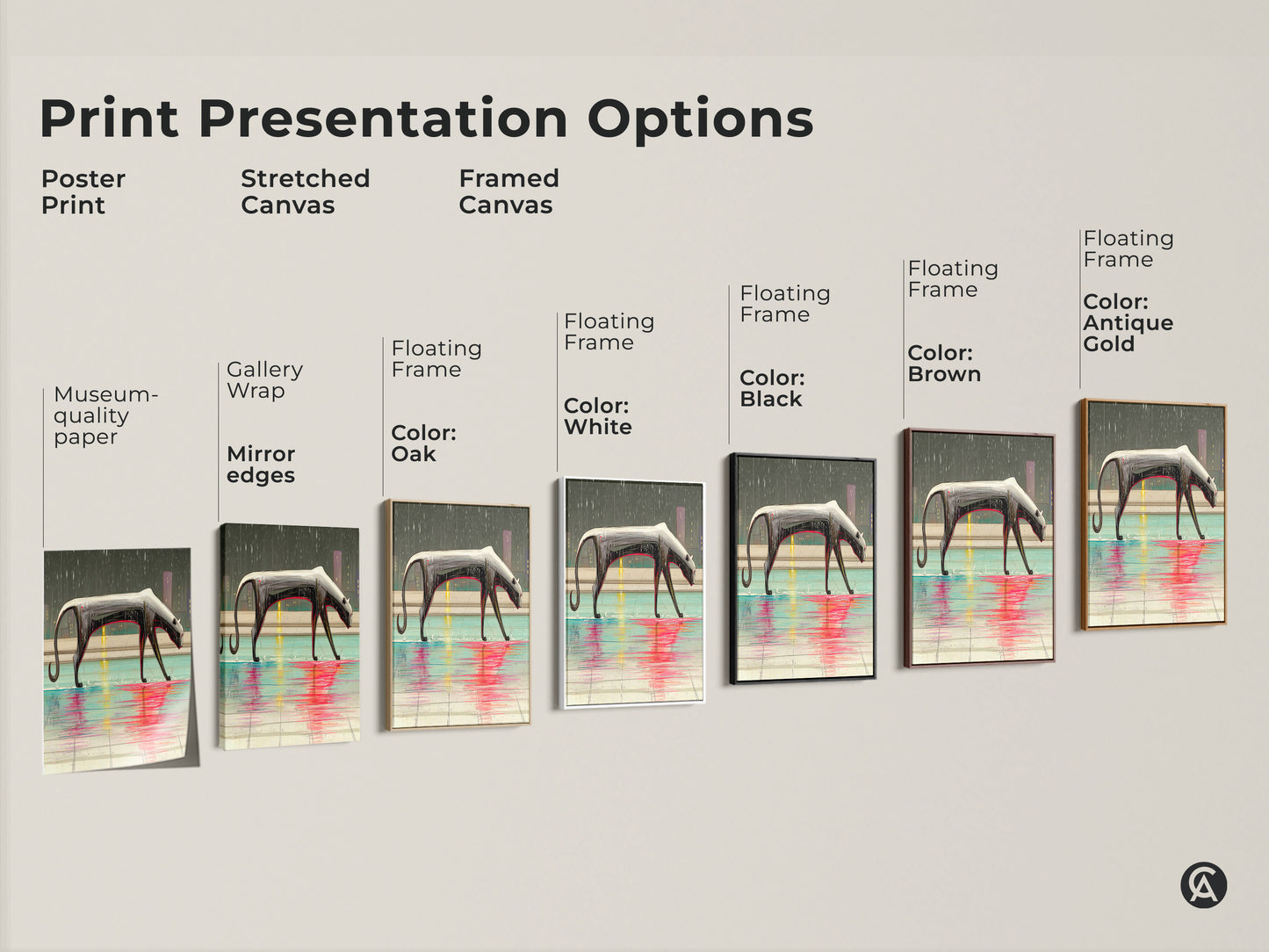 Explore print presentation options for surreal panther artwork. See poster prints and stretched canvas art. Framed canvas options include black brown white and antique gold floating frames. Find museum-quality paper and gallery wraps. Mirror edges add sophistication.