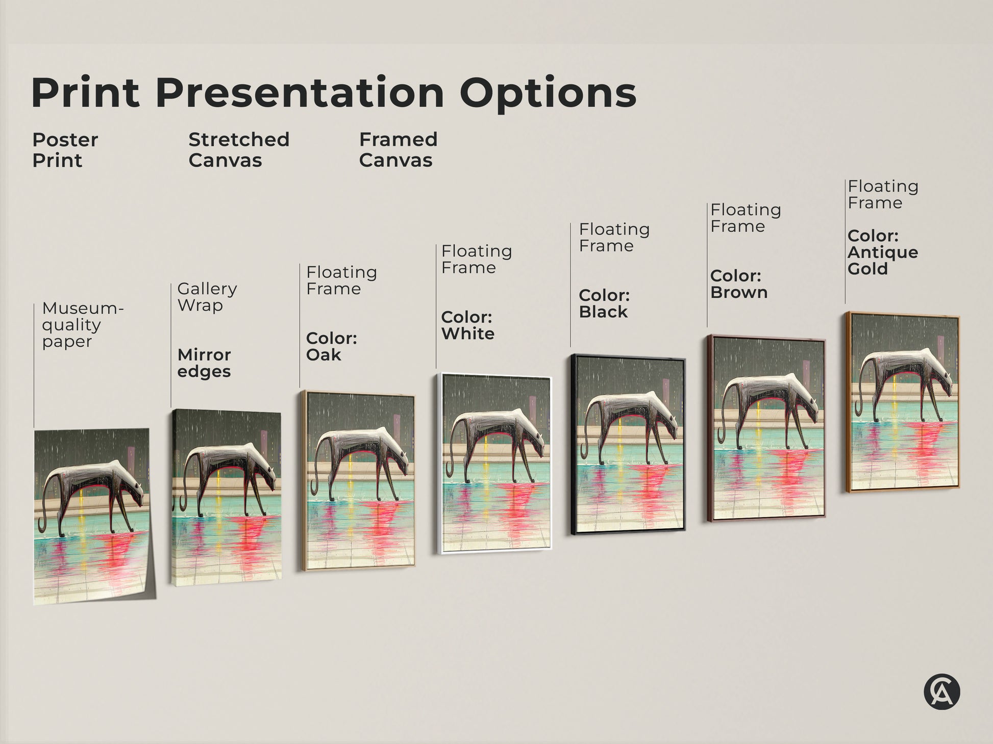 Explore print presentation options for surreal panther artwork. See poster prints and stretched canvas art. Framed canvas options include black brown white and antique gold floating frames. Find museum-quality paper and gallery wraps. Mirror edges add sophistication.