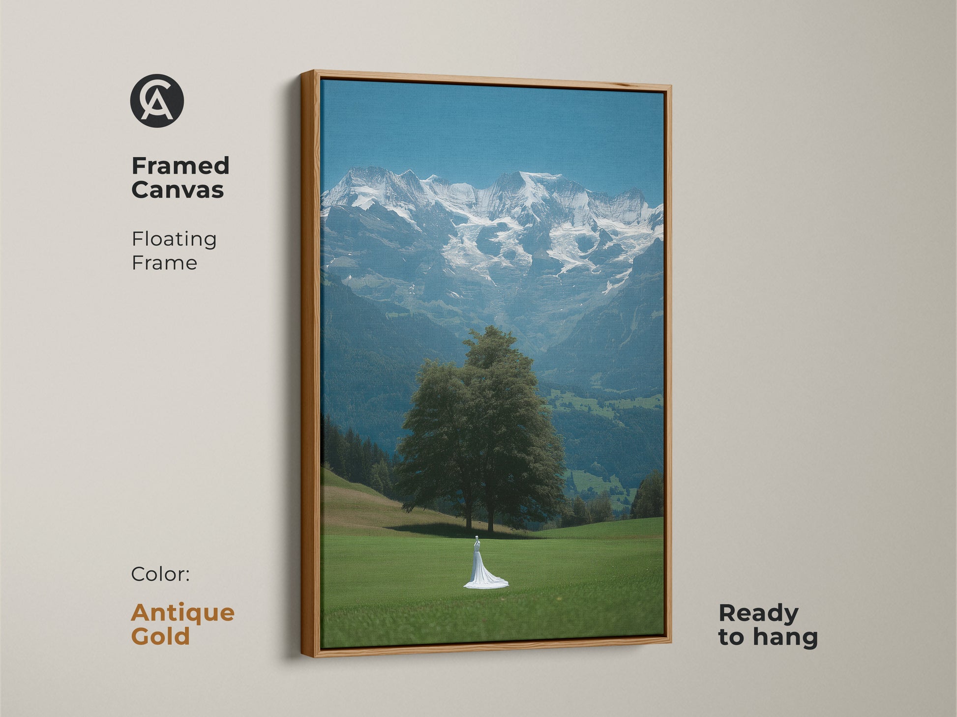 Framed cinematic mountain art print with an antique gold floating frame. This fine art landscape canvas features a bride figure. The nature artwork makes a unique wedding gift. This blue green scenic wall art enhances any room. A ready to hang contemporary home decor print. Bridal gown and mountains art piece.
