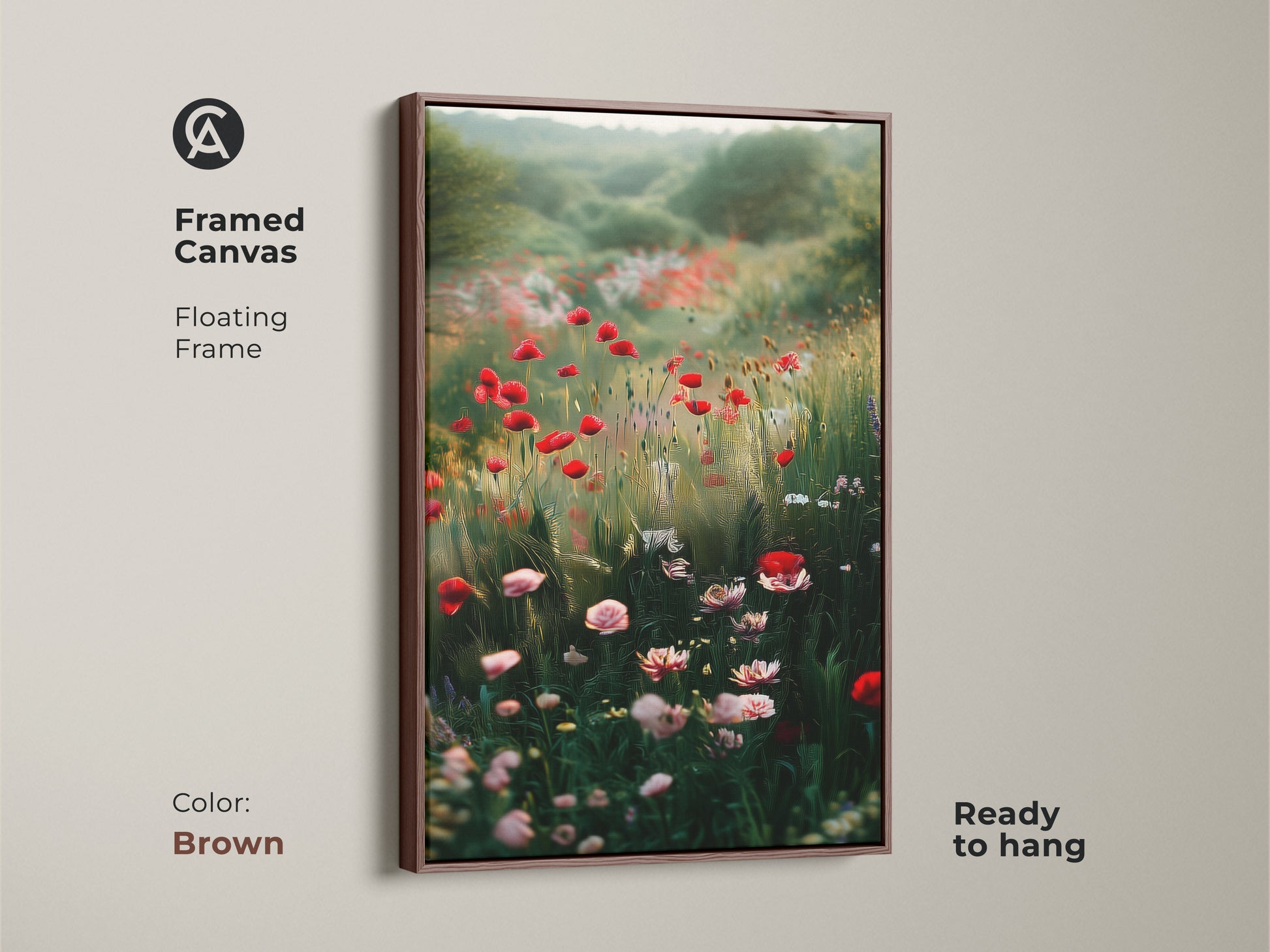 Brown framed canvas of a poppy field. This impressionistic floral print features red wildflowers. It's perfect for boho bedroom decor. Ready to hang nature landscape painting.