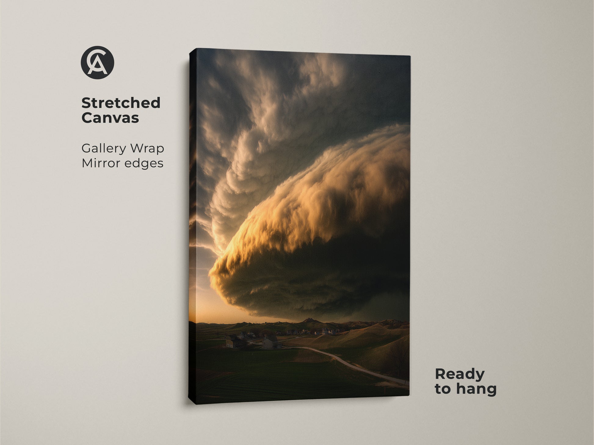 Stretched canvas art with gallery wrap mirror edges presents a dramatic stormy sky. The golden yellow cloud illuminates a green landscape. Ready to hang this nature-inspired artwork for farmhouse bedroom decor enhances any residential space. Perfect as captivating storm artwork.