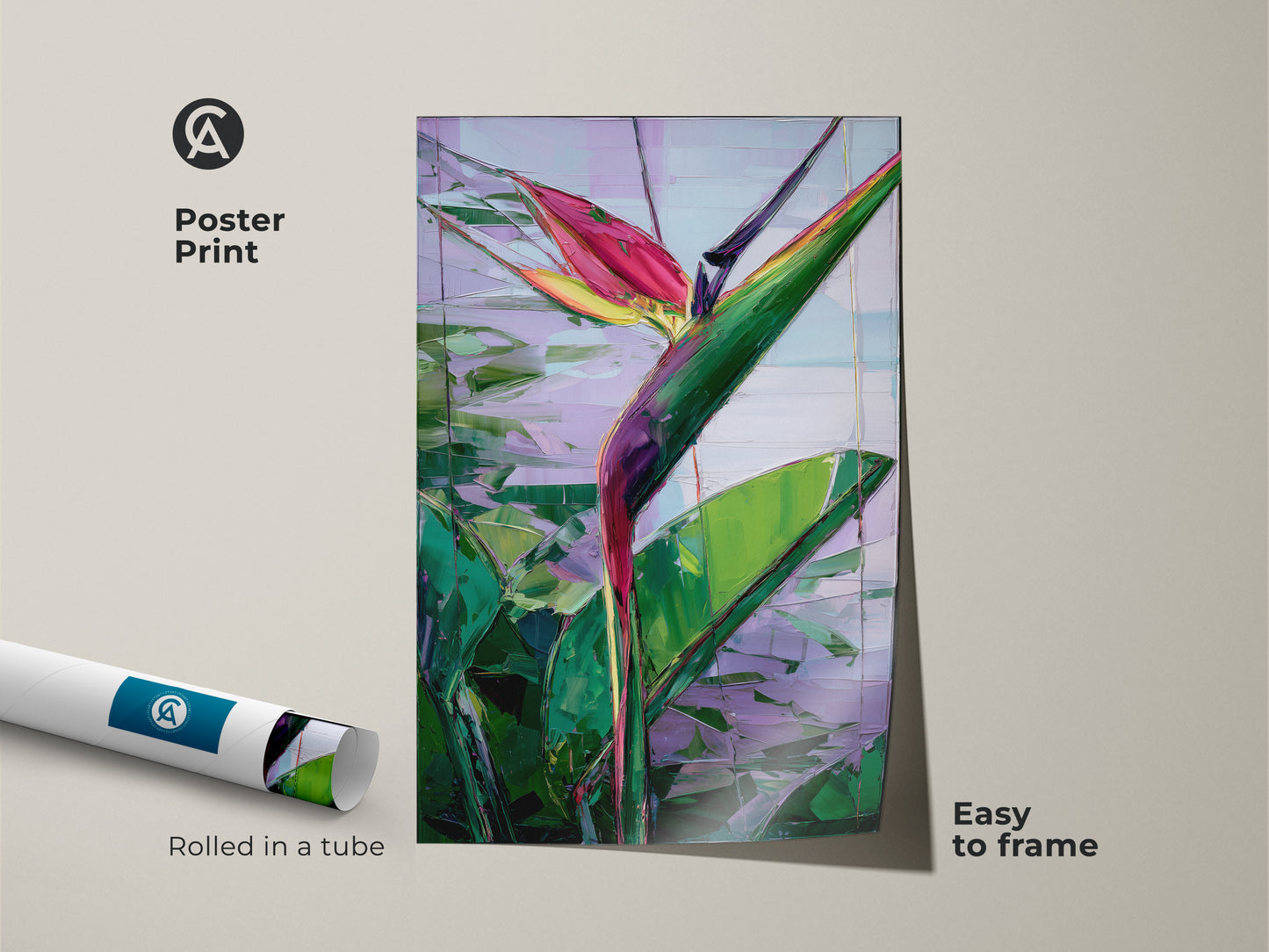 Poster print showcasing abstract Bird of Paradise art. Rolled in a tube for easy framing its a tropical botanical canvas. Ideal for adding boho decor with green pink and purple shades. The artwork makes a unique housewarming gift. A vibrant and artistic plant painting for any room.