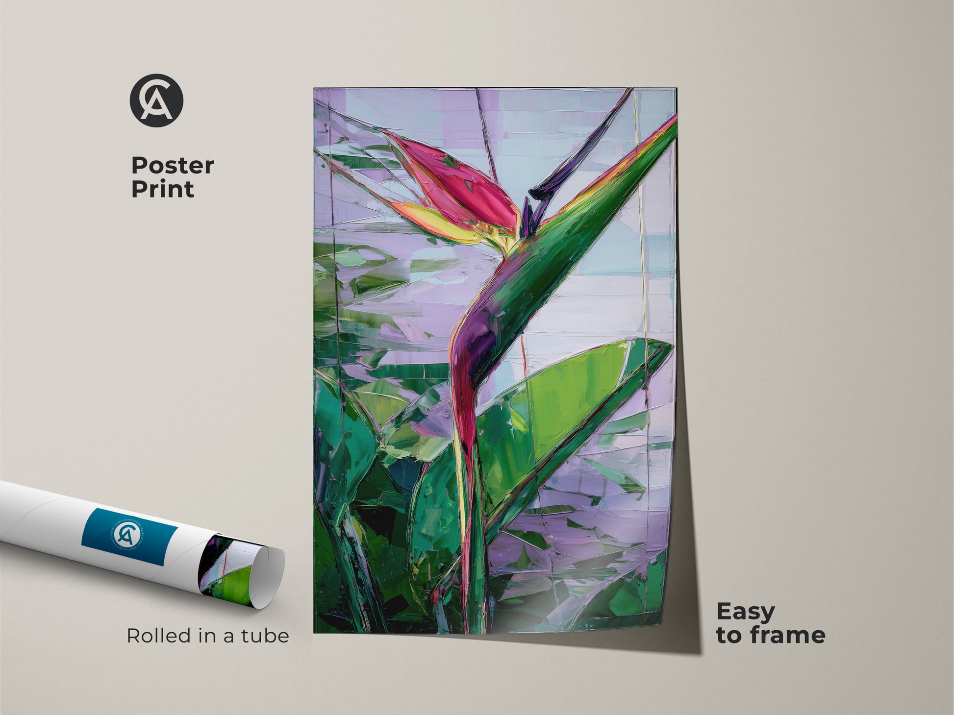 Poster print showcasing abstract Bird of Paradise art. Rolled in a tube for easy framing its a tropical botanical canvas. Ideal for adding boho decor with green pink and purple shades. The artwork makes a unique housewarming gift. A vibrant and artistic plant painting for any room.