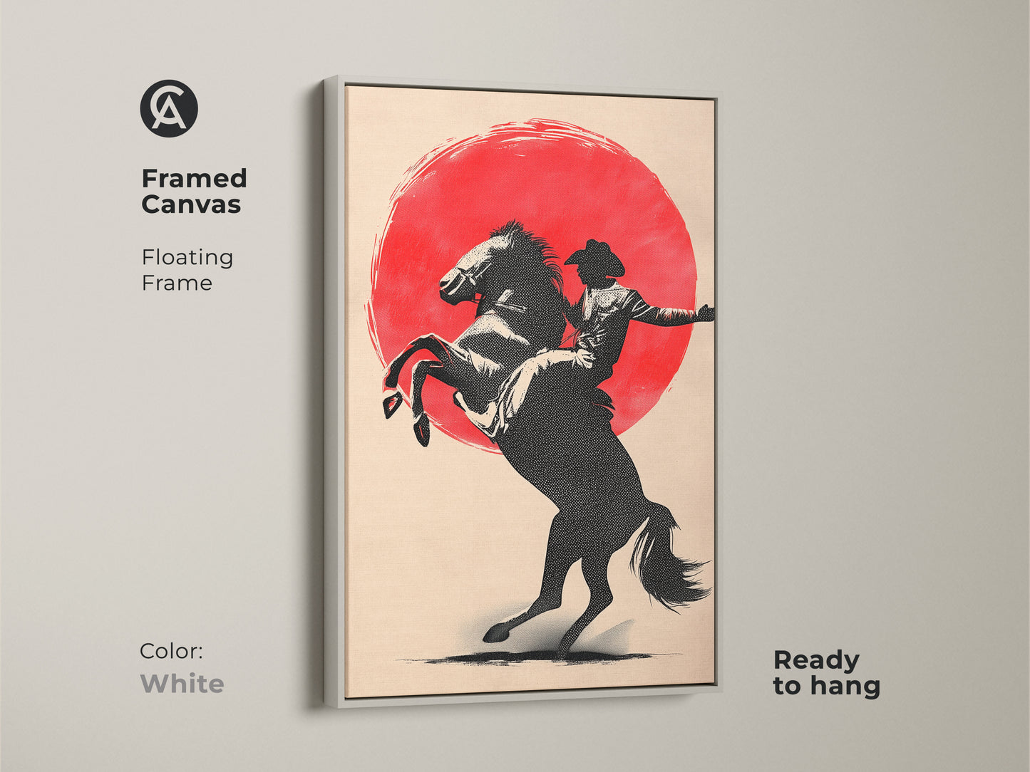 Framed cowboy on horse canvas art in a floating white frame. It features a rodeo sunset art. This minimalist farmhouse wall art adds rustic charm to any room. It is a great gift for cowboy enthusiasts or horse lover.