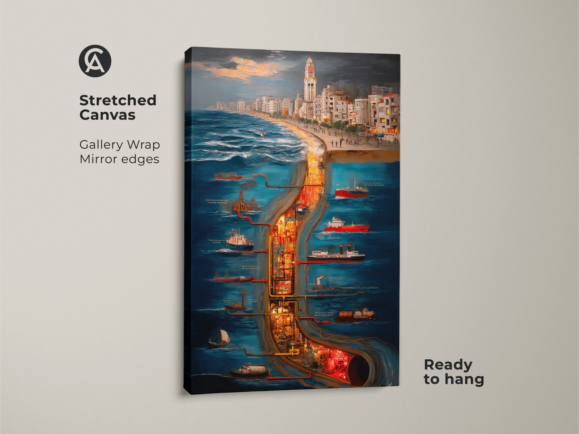 Stretched canvas showcases a surreal cityscape maritime industrial scene. The gallery wrap with mirror edges art is ready to hang as wall decor. Deep blue orange and yellow tones make it perfect for eclectic home decor or unique office art. This maritime industrial canvas captures a ship and city skyline in an artistic urban scene.