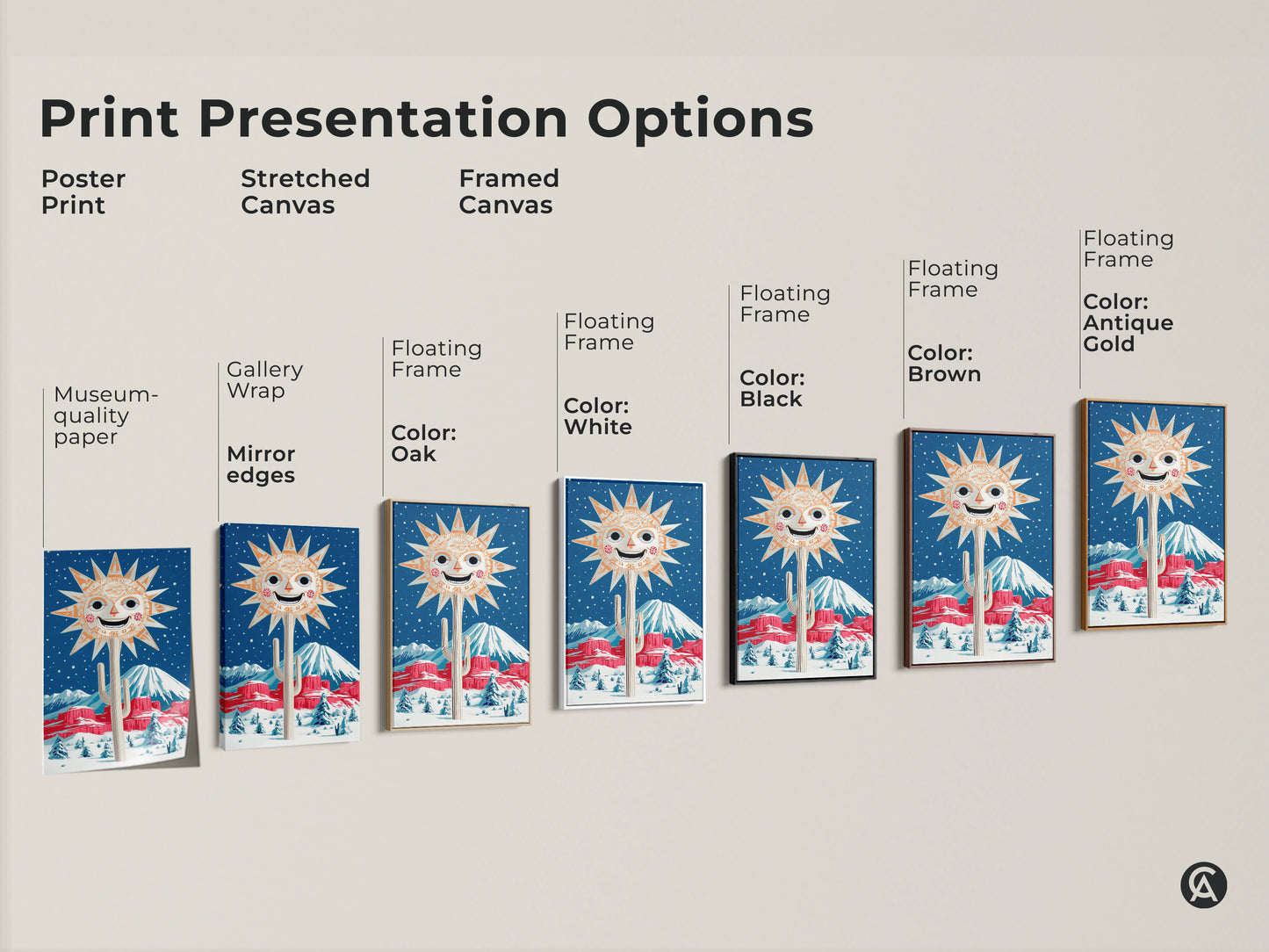 Print presentation options for retro folk art of sun & cactus in snowy desert. Choose from poster print stretched canvas or framed canvas. Options include gallery wrap museum-quality paper & floating frame in black brown white or oak. Perfect eclectic orange and blue wall decor.