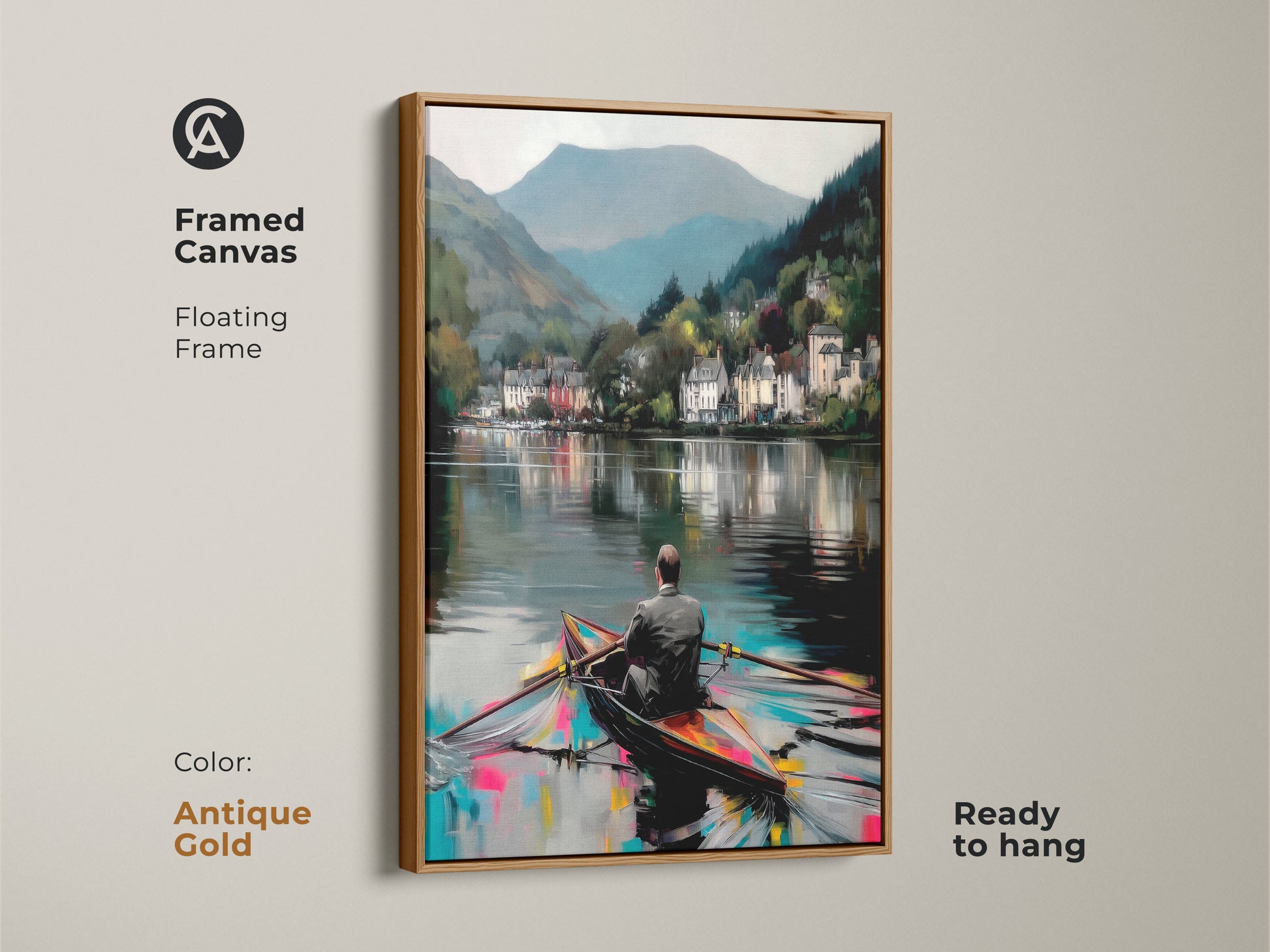 Framed canvas showing a coastal village scene with a man in a rowboat. Antique gold floating frame highlights the expressive artwork. Fine art print perfect as a housewarming gift or wall decor.