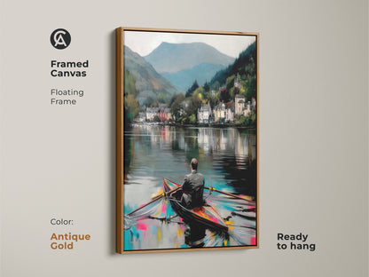 Framed canvas showing a coastal village scene with a man in a rowboat. Antique gold floating frame highlights the expressive artwork. Fine art print perfect as a housewarming gift or wall decor.