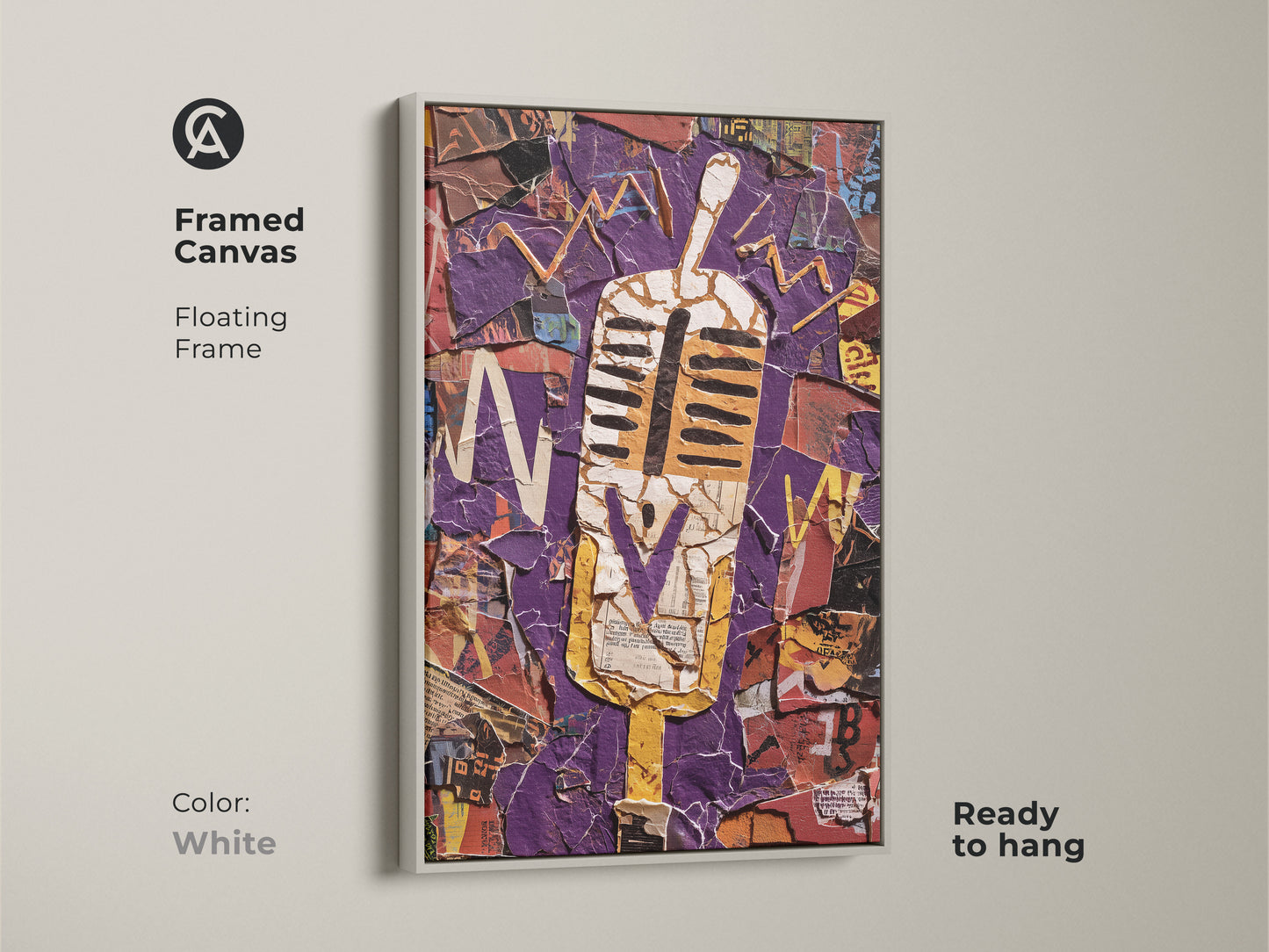 This framed canvas features a retro microphone in an abstract collage. The white floating frame enhances the purple and yellow artwork. It is ready to hang and adds a vintage music flair. Perfect for office wall art or a unique musician birthday gift. A bold eclectic statement piece.