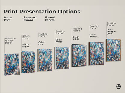 Explore our art presentation options. Choose from poster prints stretched canvases and framed canvases. Each option highlights the aerial cityscape artwork. Find the perfect style to match your decor. Various floating frame colors are available.