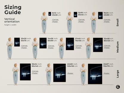 Sizing guide for basketball hoop canvas and poster prints. Vertical orientation with various height and width options. Small medium and large sizes available. Find the ideal fit for your man cave gym or office sports wall decor.